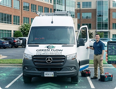 GreenFlow service vehicle supporting commercial HVAC work in Massachusetts.