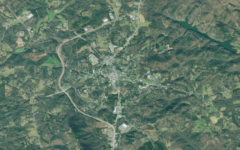 Aerial view centered on Cleveland, Georgia