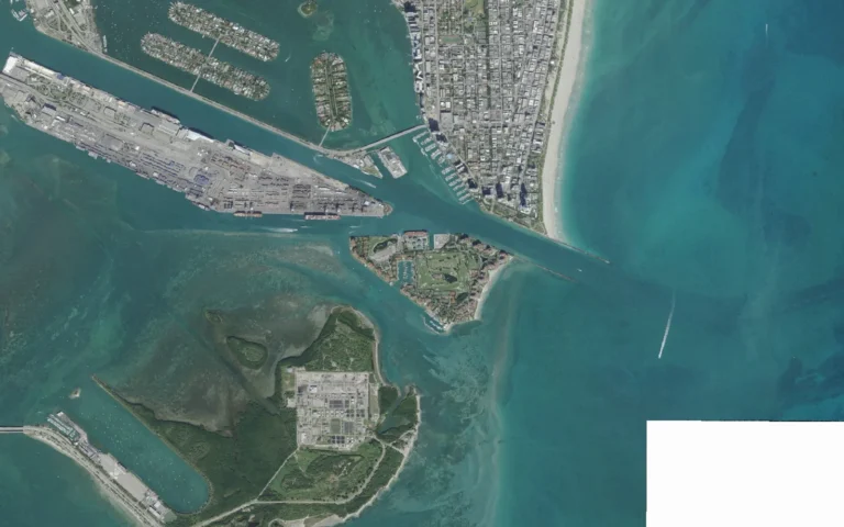 Aerial view centered on Fisher Island, Florida