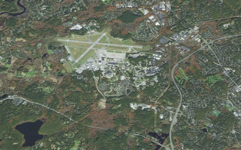 Aerial view centered on Hanscom AFB, Massachusetts