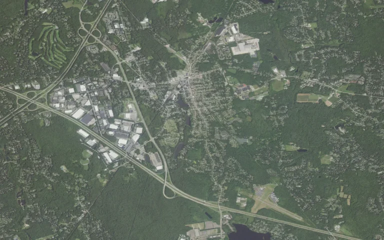 Aerial view centered on Mansfield Center, Massachusetts
