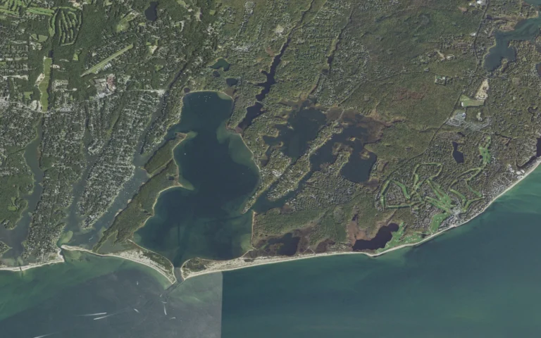 Aerial view centered on Seconsett Island, Massachusetts