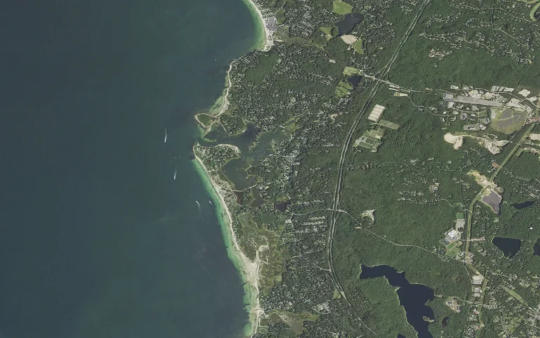 Aerial view centered on West Falmouth, Massachusetts